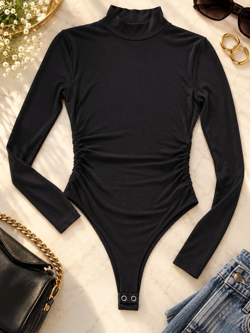 Good American Black Mock Neck Ruched Long Sleeve Bodysuit Size 1